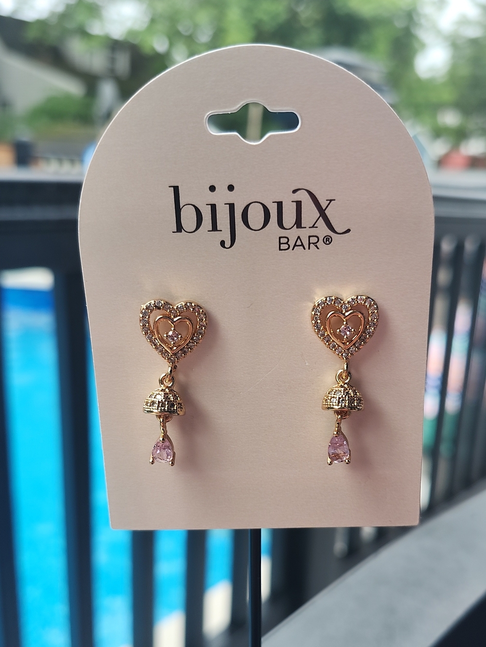 Bijoux Bar Rose Gold Heart Drop Earrings with Pink Stones